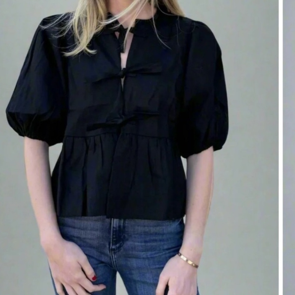 Nati Black Linen Front Bows Puff‎ Sleeves Top Blouse Size S Coquette feminine